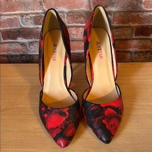 JUSTFAB womans FLORIENE Red Black Floral 4 1/2 in. Heels Sz 9